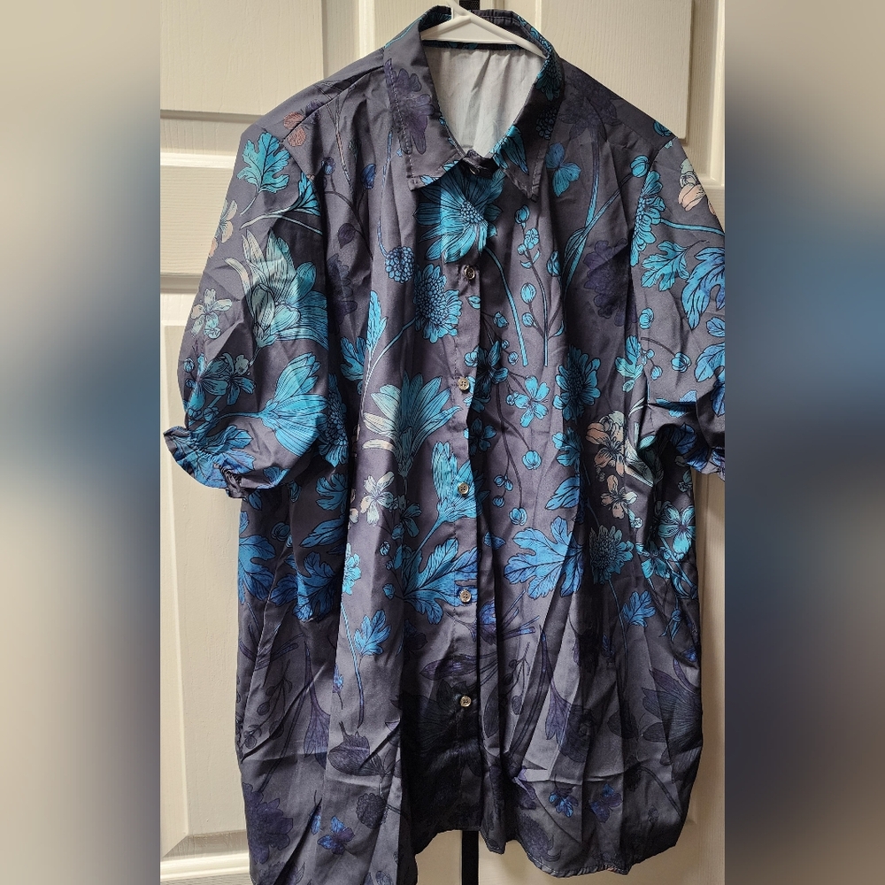 Floral Blue Ruffled Elastic Short Sleeved Button Up Womens Plus Sized Shirt